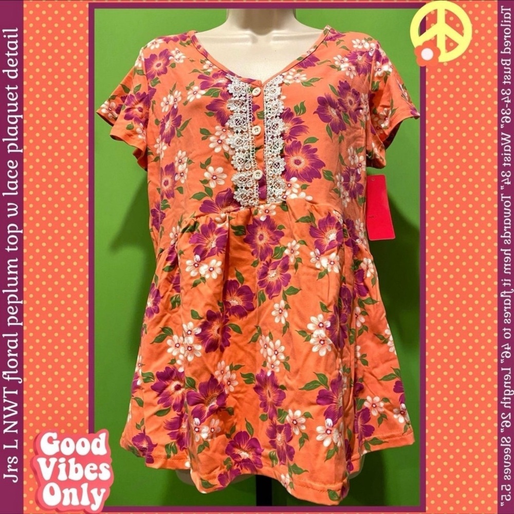 JRS L NWT KAWAII BRIGHT CORAL PEPLUM TOP FLORAL W LACE ACCENT